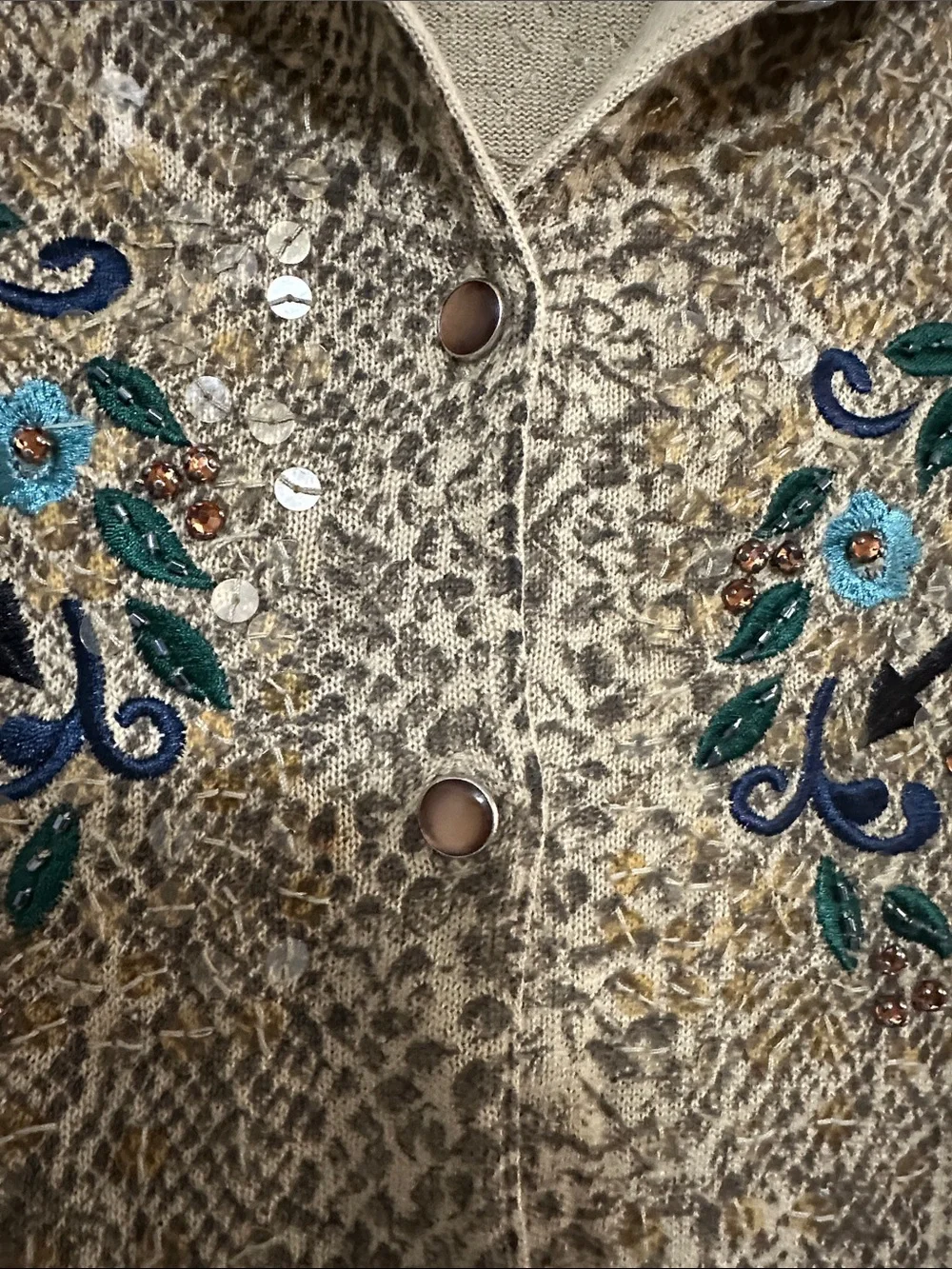 Double D Ranch Tan Snakeskin Western Shirt with Teal Floral Embroidery L - Picture 5 of 10